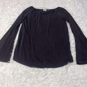 Ecru Black Bell Sleeve Top Blouse Shirt Size S Cupro Vegan Faux Silk